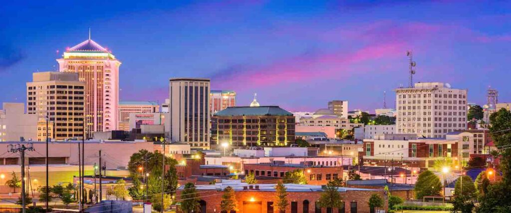 Montgomery, Alabama, downtown skyline at night.