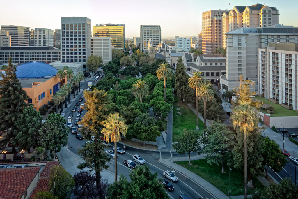 An aerial view of the Plaza de Cesar Chavez in San Jose, California.
