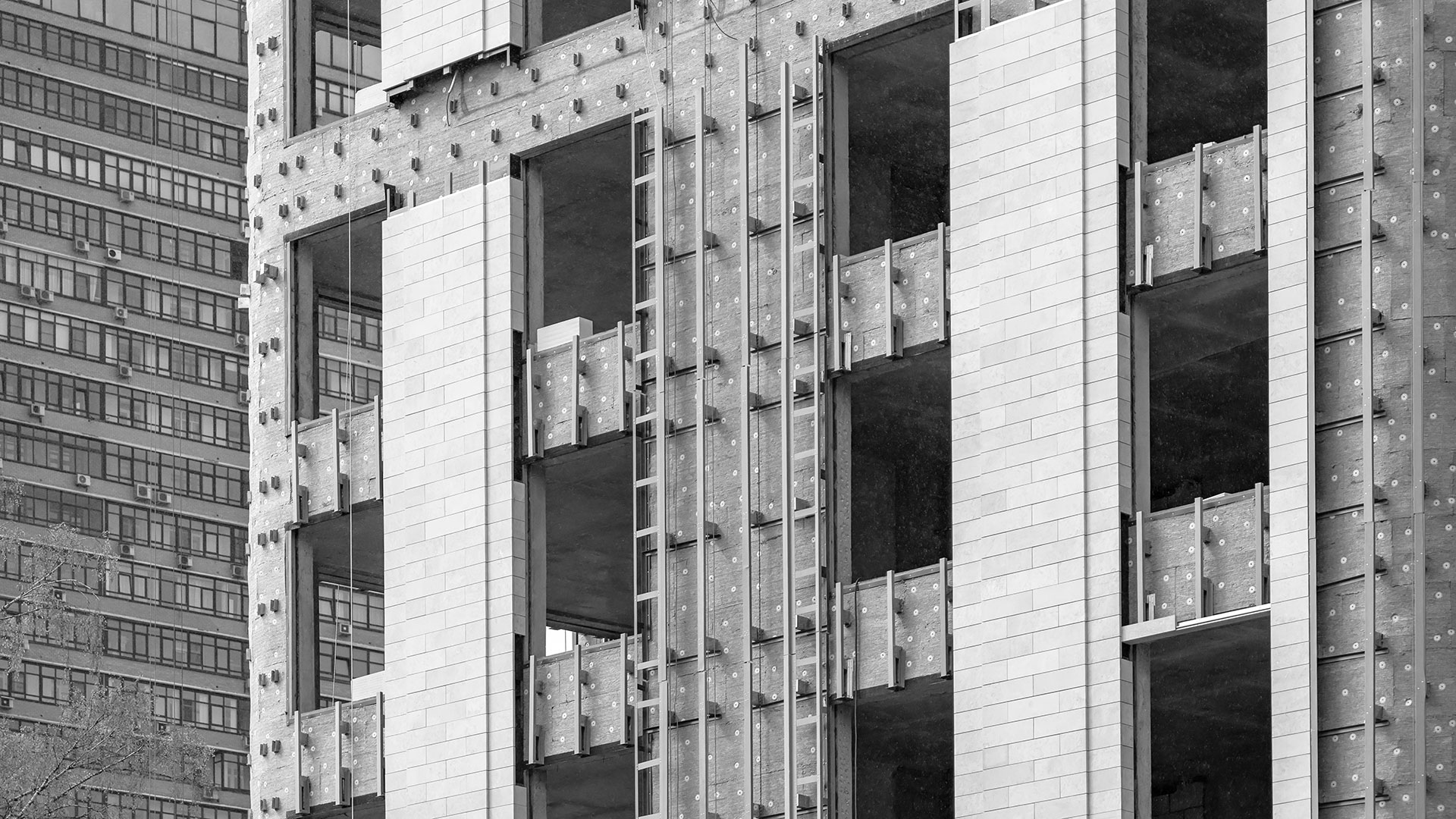 The exterior walls of a building during construction.