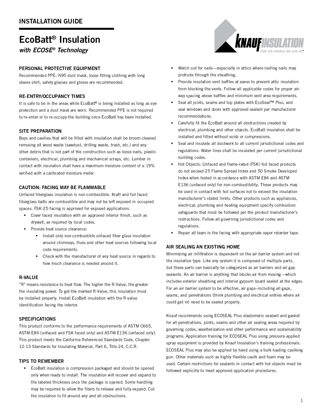 Knauf EcoBatt® Insulation Installation Guide - Document Screen Grab