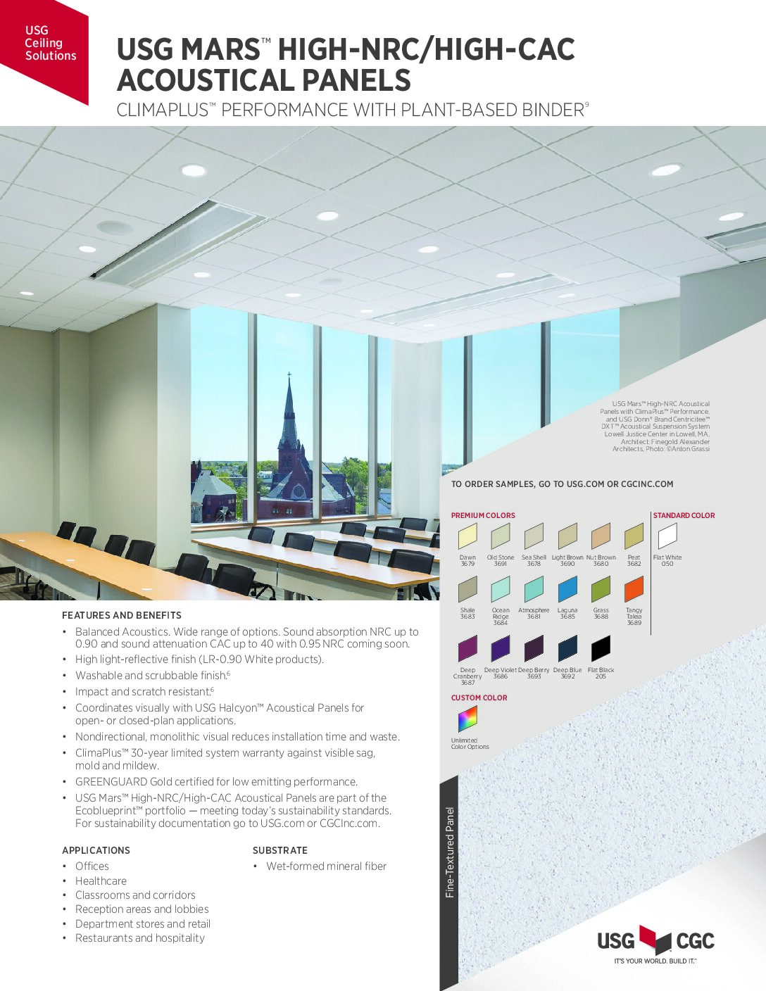 USG Mars™ High-NRC/High-CAC Acoustical Panels Data - Document Screen Grab